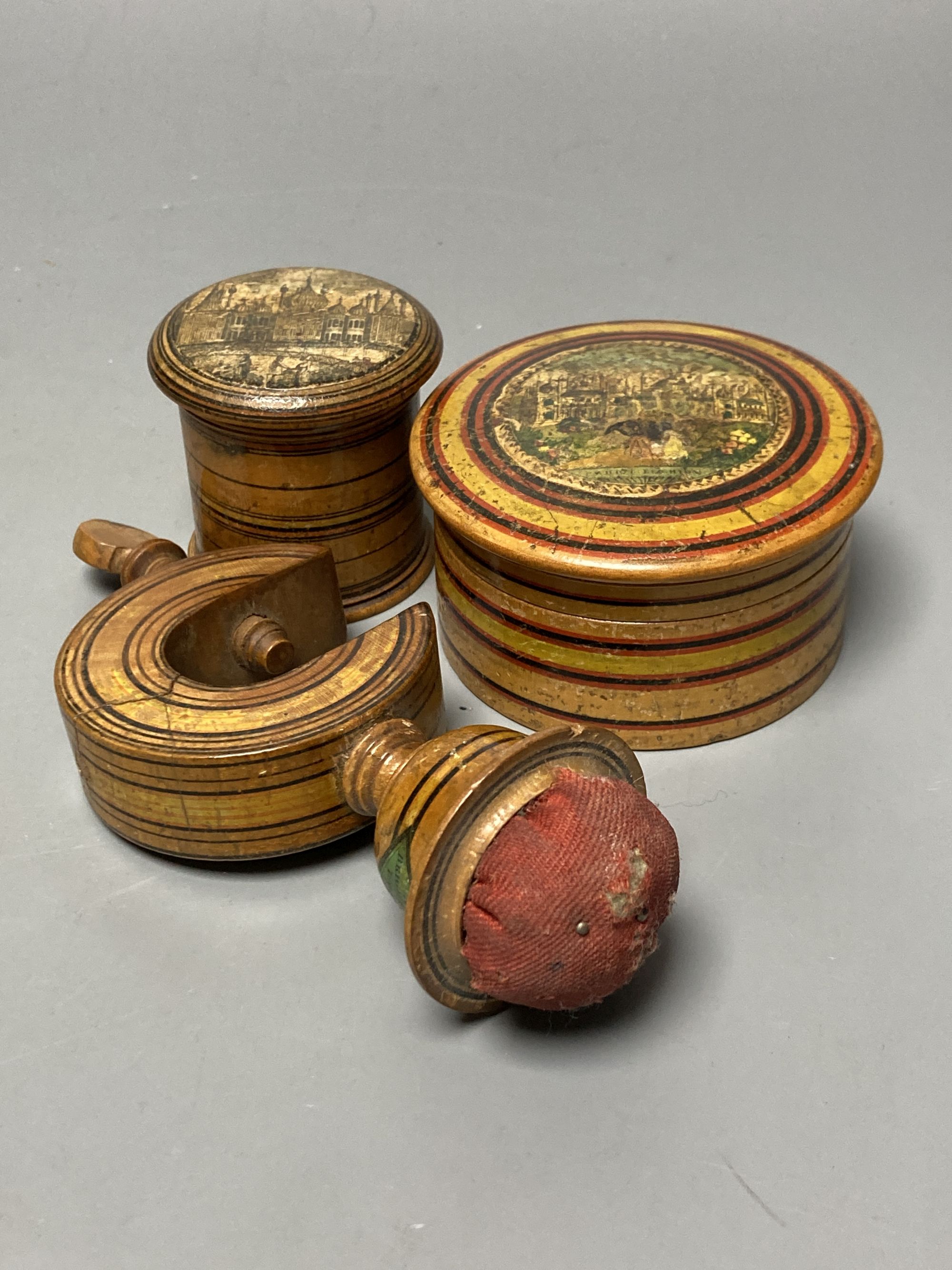 Two early Tunbridge ware sycamore 'Brighton Pavilion' boxes, 8.3 and 5.3cm diameter and a similar 'Brighton trifle' sewing clamp, early